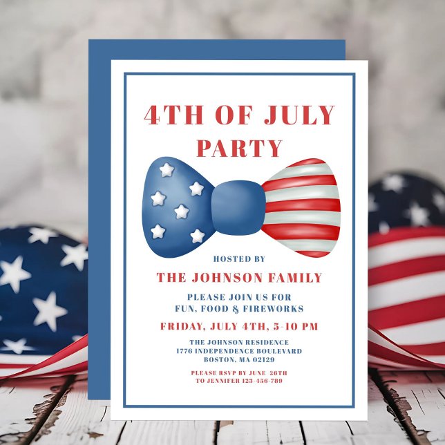 Convites Arco Vermelho, Branco E Azul 4 De Julho (Red, White And Blue Bow 4th Of July Invitation)