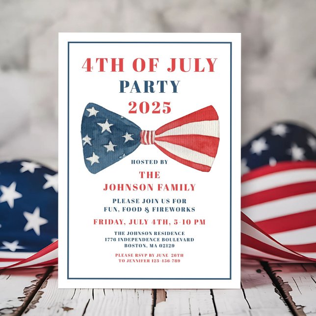 Convites Arco Vermelho, Branco E Azul 4 De Julho (Red, White And Blue Bow 4th Of July Invitation)
