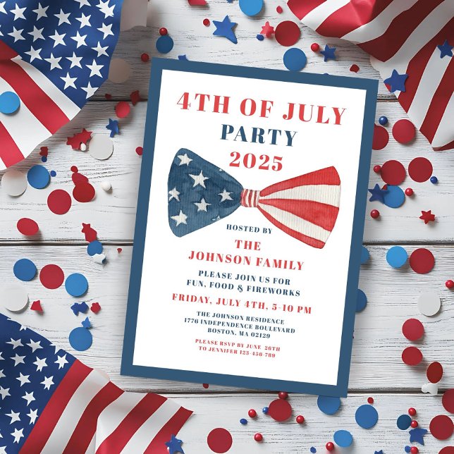 Convites Arco Vermelho, Branco E Azul 4 De Julho (Red, White And Blue Bow 4th Of July Invitation)