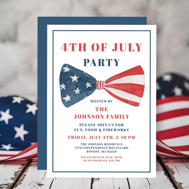 Convites Arco Vermelho, Branco E Azul 4 De Julho (Red, White And Blue Bow 4th Of July Invitation)