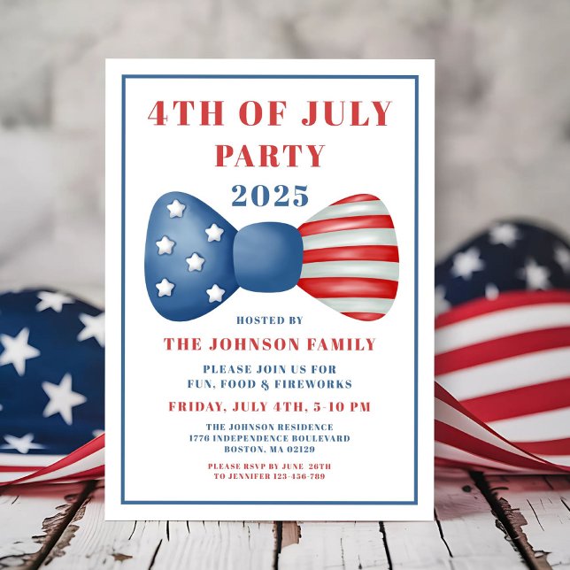 Convites Arco Vermelho, Branco E Azul, Canto 4 De Julho (Cute Red, White And Blue Bow 4th Of July Invitation)
