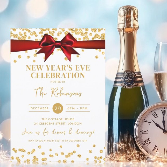 Convites Arco Vermelho Confetti, Glitter Dourado do Partido (New Years Eve Party Gold Glitter Confetti Red Bow Invitation)