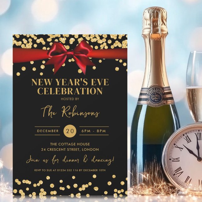 Convites Arco Vermelho Confetti, Luminosa Dourada, véspera  (New Years Eve Gold Glitter Confetti Red Bow Black Invitation)