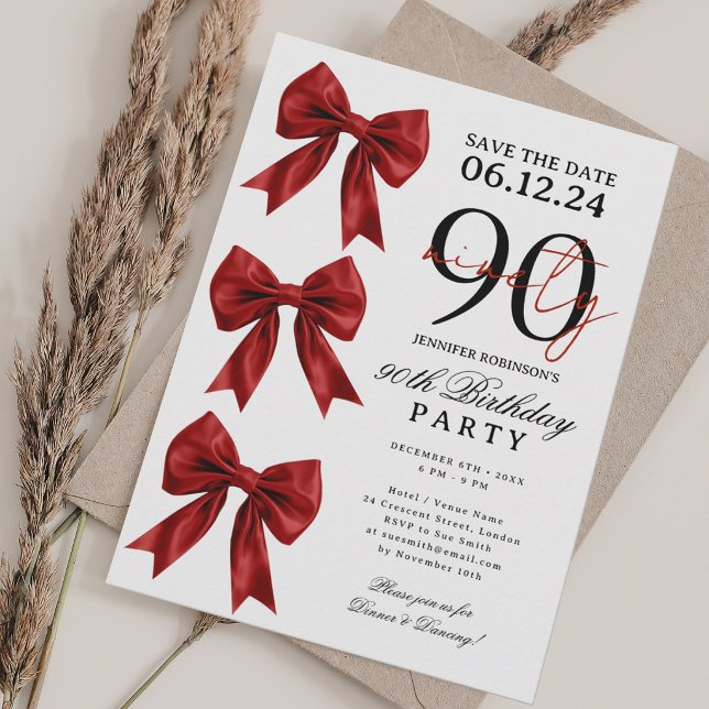 Convites Arco Vermelho Coquete Salve a Data da Festa de 90  (Red Coquette Bow Save Date 90th Birthday Party Invitation)
