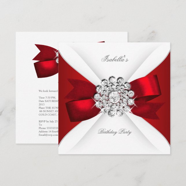 Convites Arco Vermelho festa de aniversário Branco Diamante (Frente/Verso)
