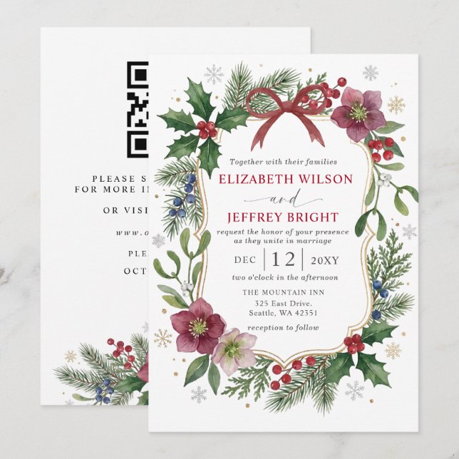 Convites Arco Vermelho Floral Inverno Natal Casamento Códig (Frente/Verso)