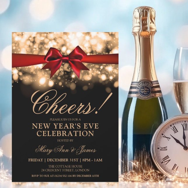 Convites Arco Vermelho Luzes Douradas do Sparkle do Partido (New Years Eve Party Gold Sparkle Lights Red Bow Invitation)