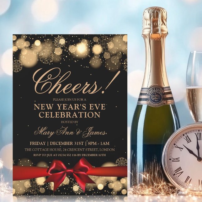 Convites Arco Vermelho Maravilha de Inverno Dourado do Part (New Years Eve Party Gold Winter Wonder Red Bow Invitation)