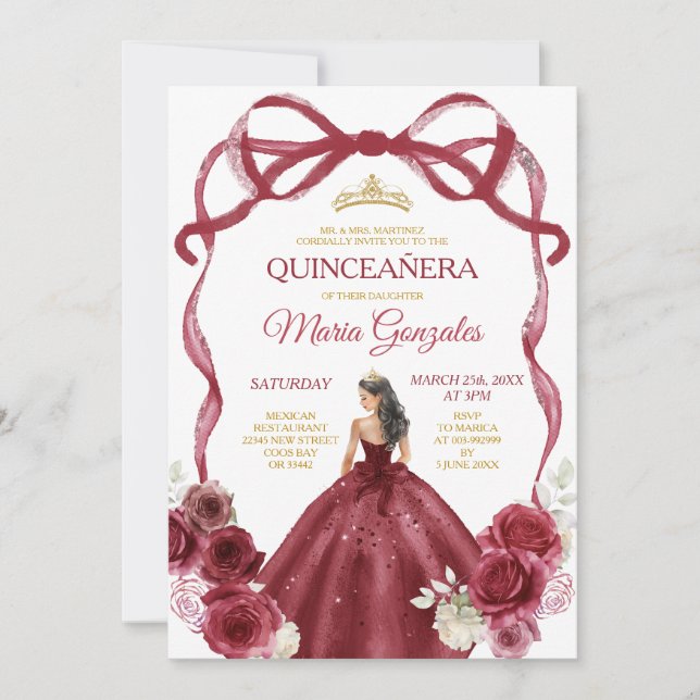 Convites Arco Vermelho Princesa Dourada Quinceañera (Frente)