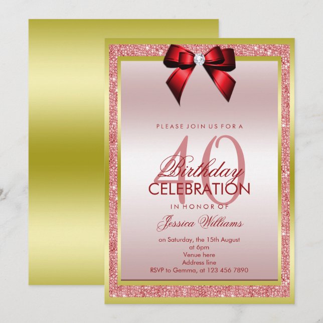 Convites Arco vermelho romântico e aniversário de 40 anos b (Frente/Verso)