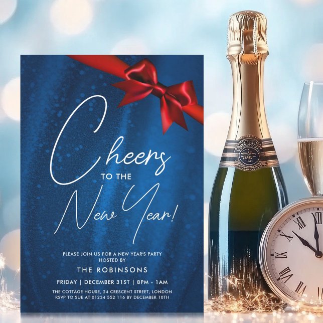 Convites ARCO Véspera de ano novo MODERN Marinho de sequênc (MODERN New Years Eve Navy Blue Sparkle Sequin Bow Invitation)