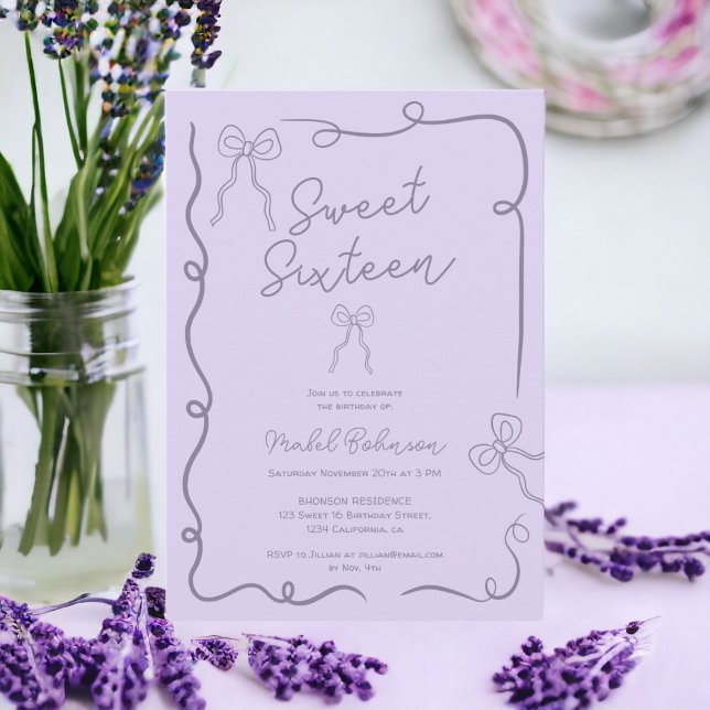 Convites arcos bonitos lavanda ilustrações das fitas Doce 1 (Lavender cute bows ribbons illustrations Sweet 16 Invitation)