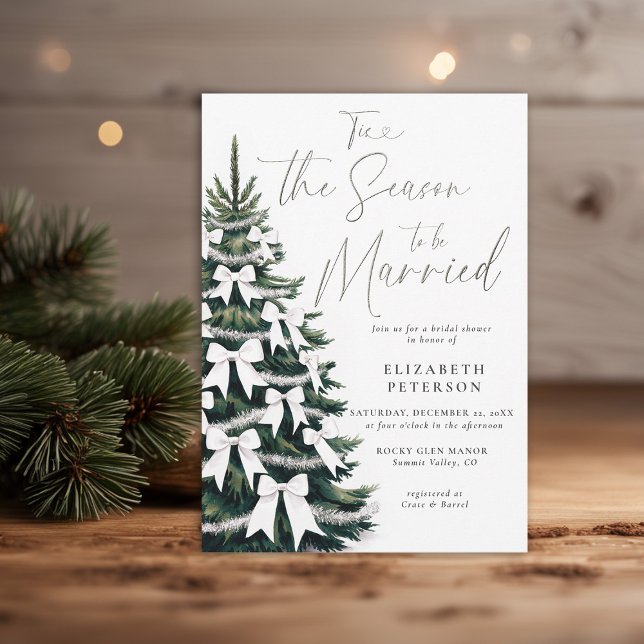 Convites Arcos brancos da Árvore Inverno Chá de panela chic (winter bridal shower invitation christmas pine tree coquette white bows tinsel watercolor cozy chic)