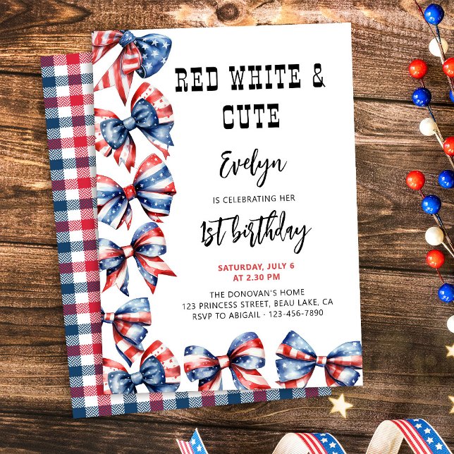 Convites Arcos brancos e brancos vermelhos qualquer Anivers (Fourth of July themed kids birthday invitation with red white and blue hair bows)