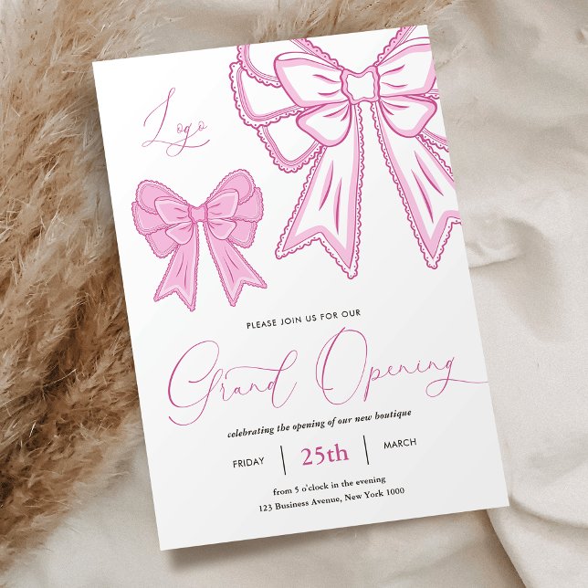 Convites Arcos cor-de-rosa Grandes Empresas Femininas (Elegant pink coquette bows business grand opening invitation in pastel pink colors)