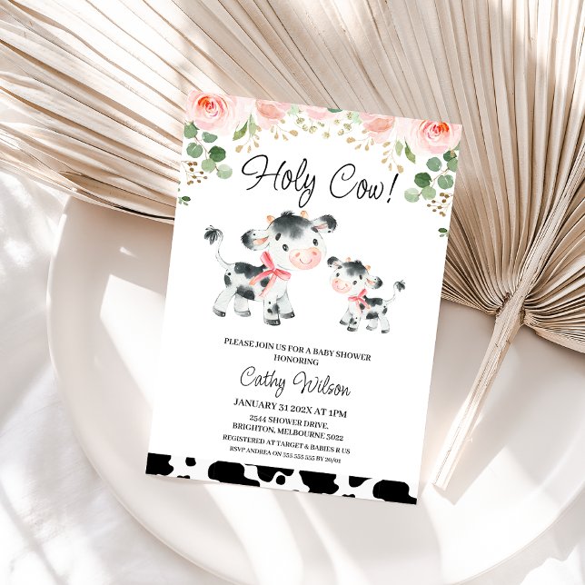 Convites Arcos cor-de-rosa sagrado Chá de fraldas de vaca (Pink Floral Holy Cow Baby Shower Invitation, Pink Bows Cow Calf Baby Shower Invitation Baby Girl)