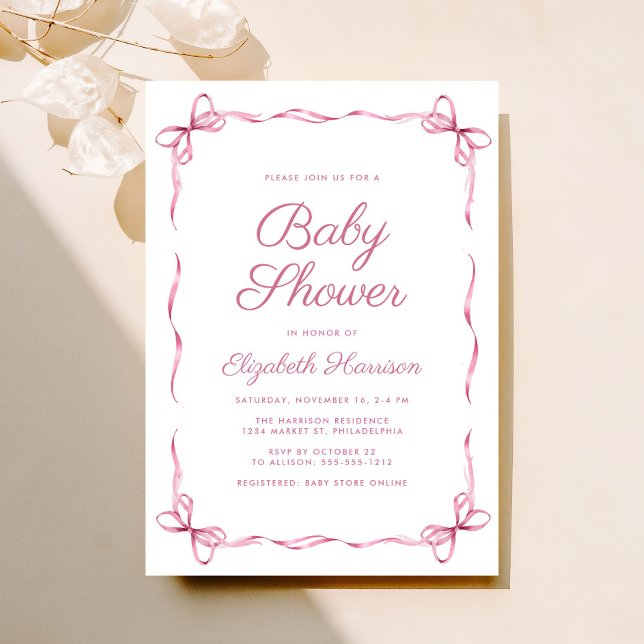 Convites Arcos de coquete elegantes Chá de menina rosa (Celebrate the upcoming arrival of your baby girl with a vintage-inspired coquette bows baby shower)