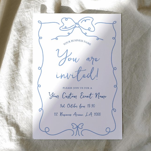 Convites Arcos Desenhados à Mão Elegantes Gala Azul de Even (Elegant hand-drawn style business event invitation with handwritten style font in blue and white)