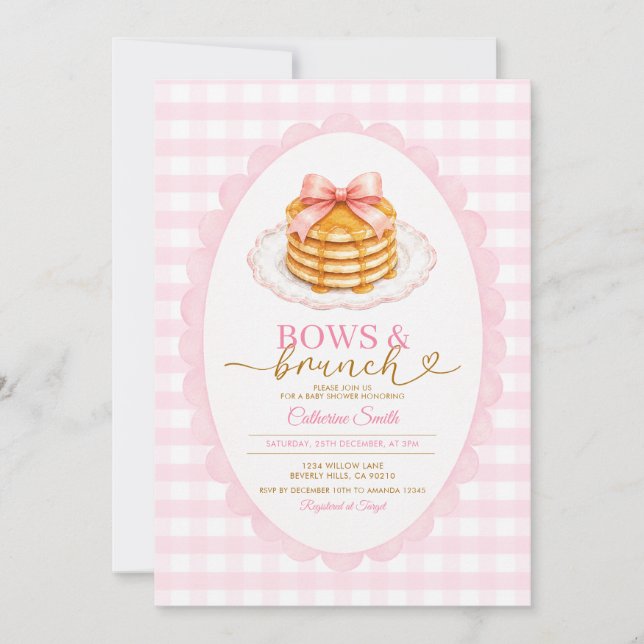 Convites Arcos e Brunch Chá de Bebê Xadrez Rosa (Frente)