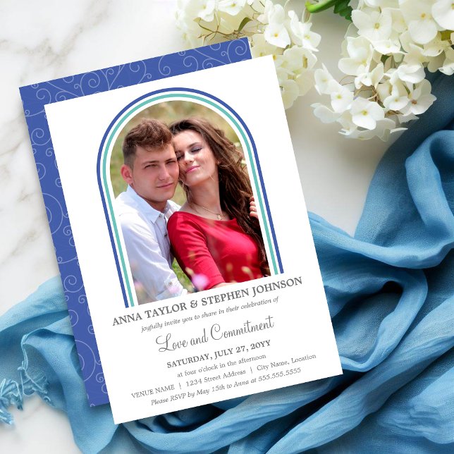 Convites Arcos e Cerimônia de Compromisso de Foto (Contemporary and simple photo arches commitment ceremony invitation front and back.)