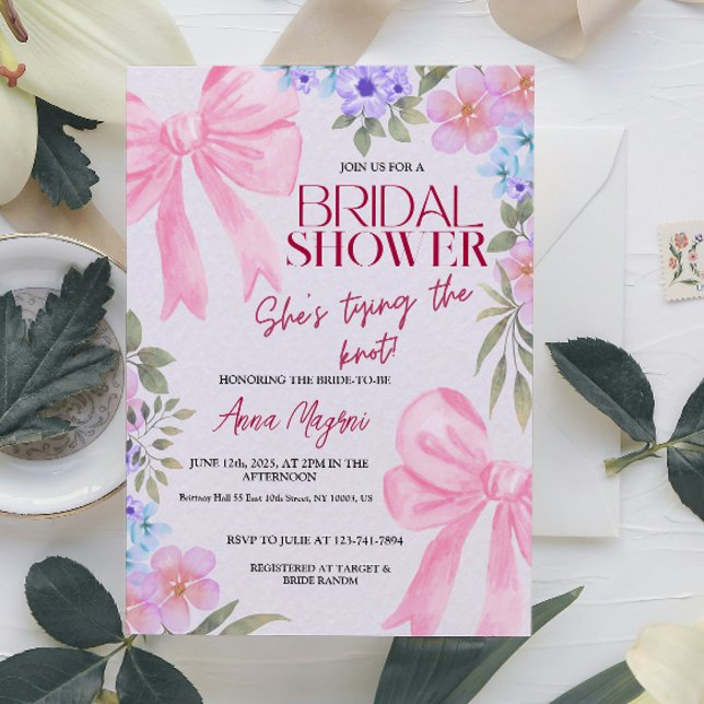 Convites Arcos Florais em Aquarela Elegantes Diversão no Ch (Elegant Watercolor Floral Bows Bridal Shower Fun)