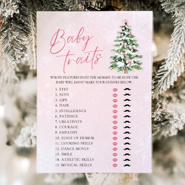 Convites Arcos natalinos Traços de bebê de árvore natalícia (Pink Bows Christmas Tree Baby Traits Baby Shower Game )