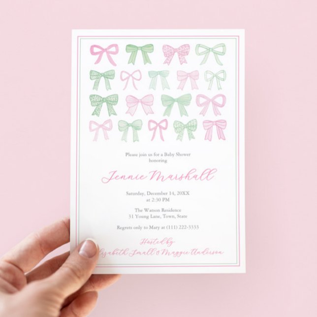 Convites Arcos Verdes E Rosa, Chá De Bebê (Preppy pink and green bows baby girl shower invite with pink white bengal stripes reverse)