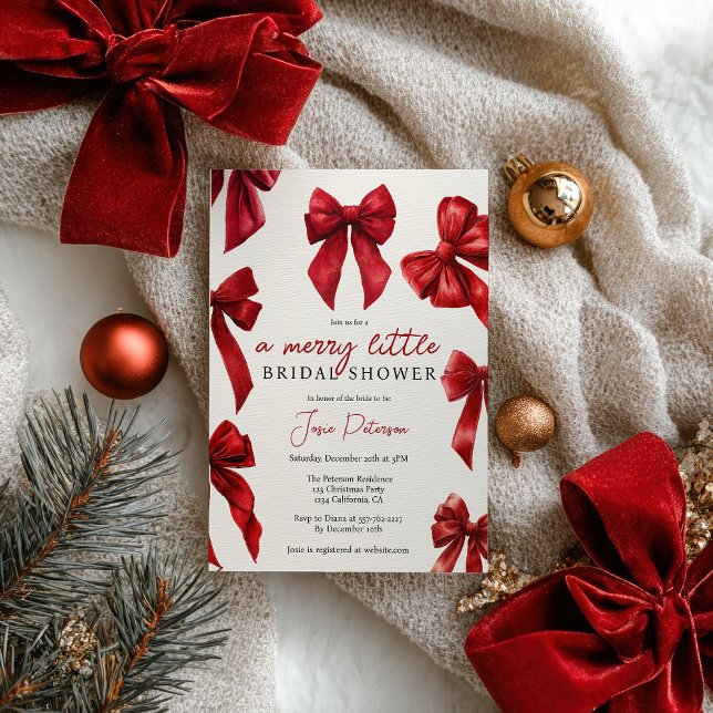 Convites Arcos Vermelhas Elegantes de Natal Bridal de inver (Elegant Red Coquette Bows Christmas Winter Bridal Invitation)