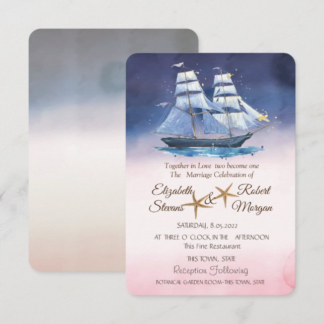 Convites Arelhas de Casamento de Praia (Frente/Verso)