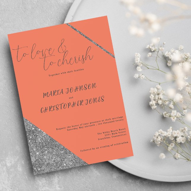 Convites Argumento clássico, glama laranja de prata com bri (Classic script silver glitter orange glam Wedding )