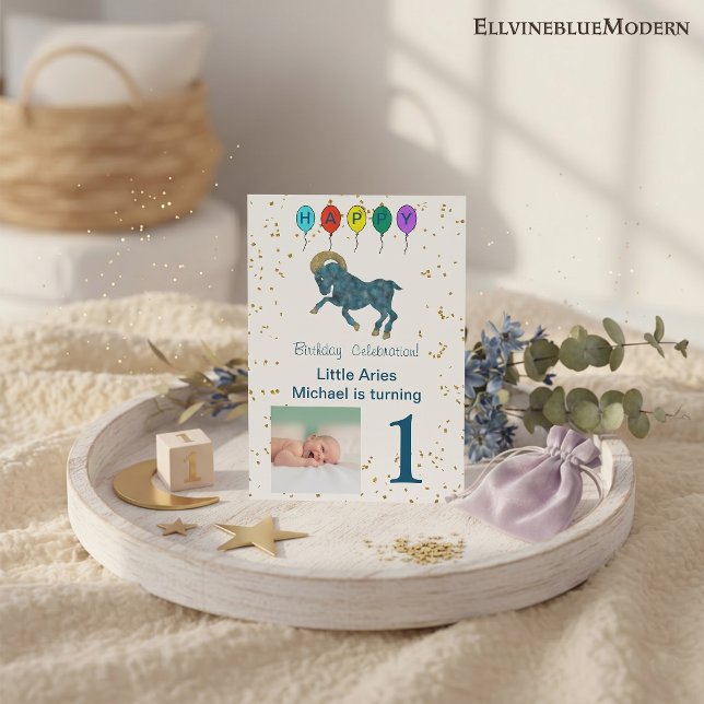 Convites Áries Primeiro Aniversário Ouro & Balões & Foto (Aries 5” x 7” Photo Invite. Visit Aries Zodiac Birthday Party Collection for more items.)