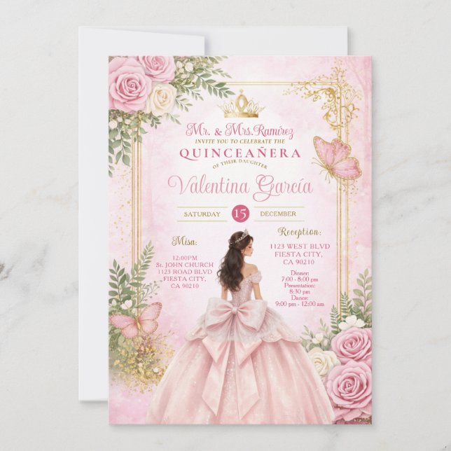 Convites Armação Dourada com Laço Floral Rosa Bege Borbolet (Frente)