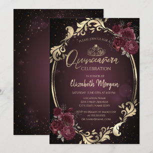 Convites Armadura Dourada Rosas Bordeaux Escuro Quinceañera