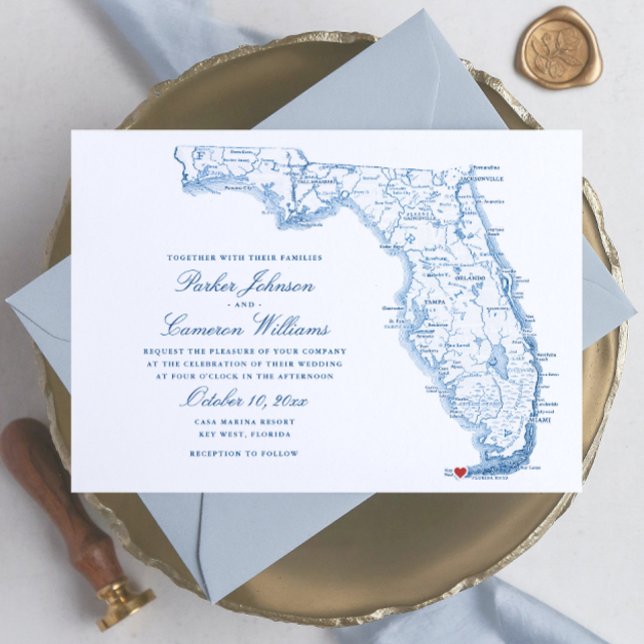 Convites Armamento Azul de Marinho Elegante do Mapa FL Ocid (Key West FL map wedding invitation in elegant navy blue from Coastal Map Designs)
