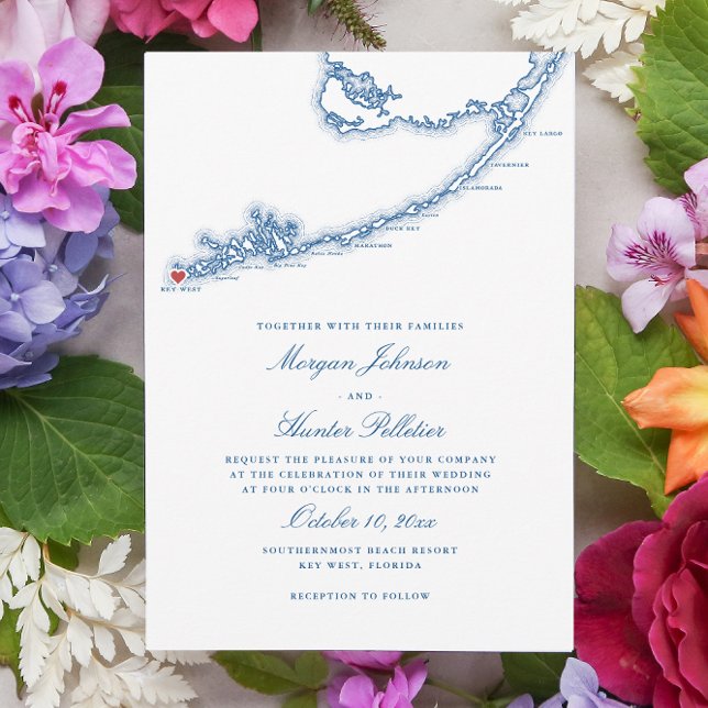Convites Armamento Azul de Marinho Elegante do Mapa FL Ocid (Key West FL Map Wedding Invitation for an elegant navy blue destination wedding. Coastal Map Designs)