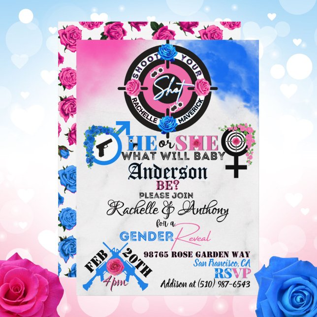 Convites Armas ou Rosas - Revelação de Gênero (Guns or Roses Shoot your Shot Gender Reveal Invitation in Pink and Blue)