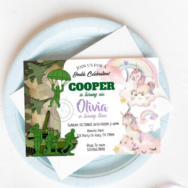 Convites Army and Unicorn Birthday Invitation | Boy & Girl  (Criador carregado)