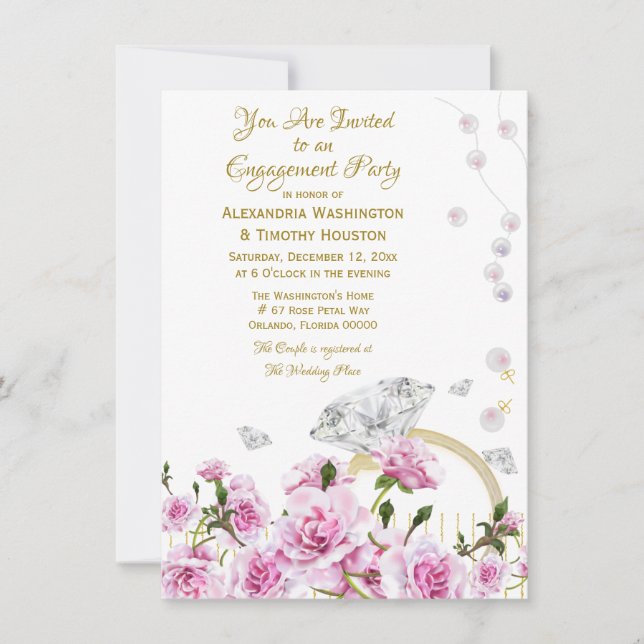 Convites Aro de Noivado de Casais com Rosas Pink e Diamante (Frente)