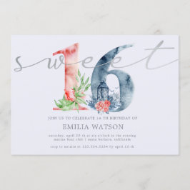 Convites Aroma floral de aquarela doce de prata dezesseis