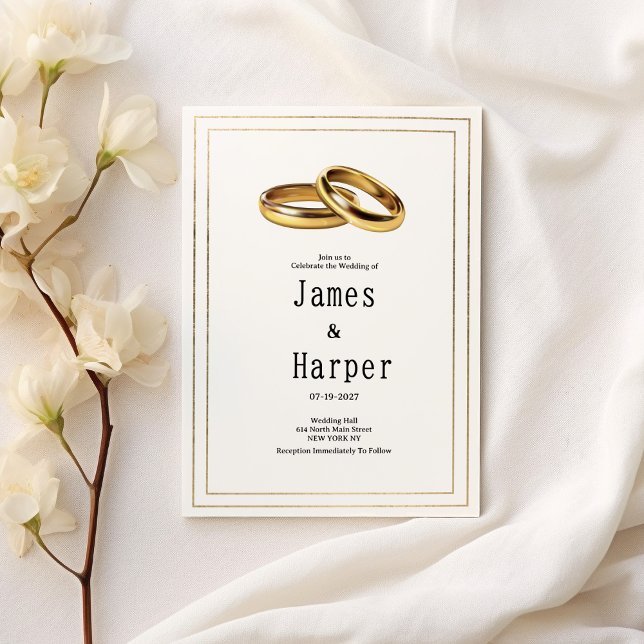 Convites Aros de casamento simples e elegantes em branco e  (Simple elegant white and gold rings Wedding )