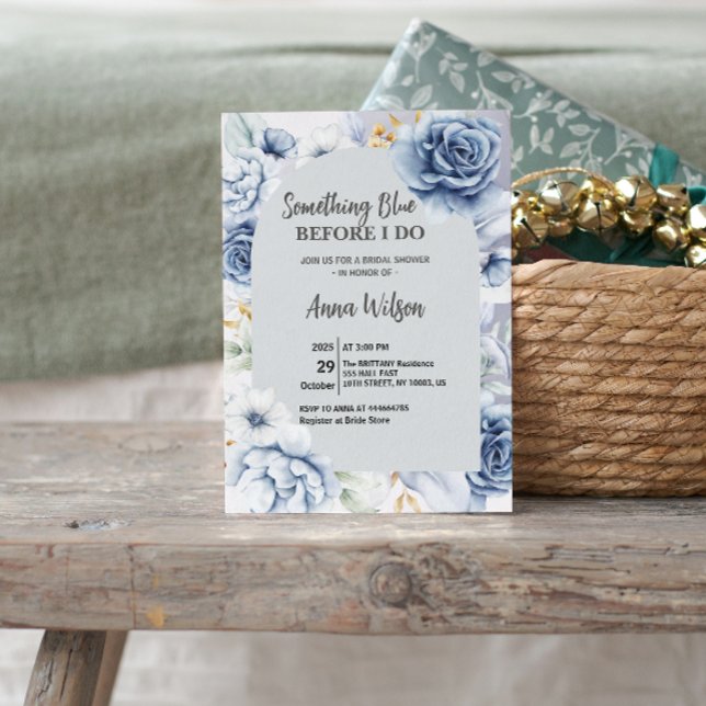 Convites Arquive Algo Azul Antes Que Eu Faça Chá de Bebê El (Arch Something Blue Before I Do Bridal Shower Invitation watercolor garden party elegant botanical )