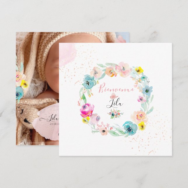 Convites Arquivo PixDezines AquarelleFaire-part de Naissanc (Frente/Verso)