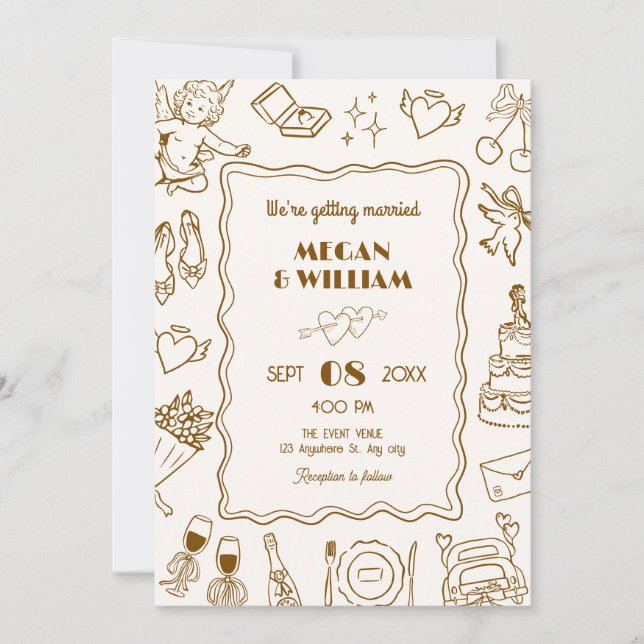 Convites Arranjo de esboço de linha de casamento (Frente)