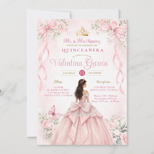 Convites Arranjo De Laço Floral Rosa Quinceañera (Frente)