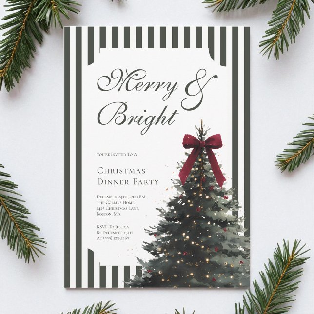Convites Arranjo Elegante de Natal em Verde para Jantar de  (Elegant Festive Bow Green Christmas Dinner Party Invitation)
