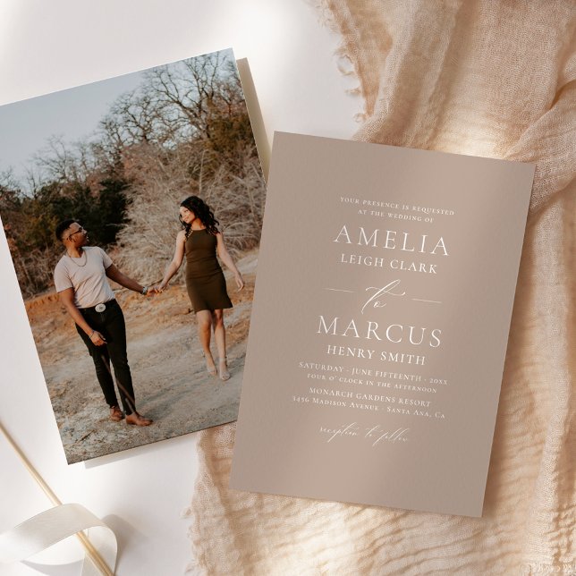 Convites Arranjo Elegante Moderno De Taupe Leve (This elegant light taupe invitation features a modern script and a custom photo back.)