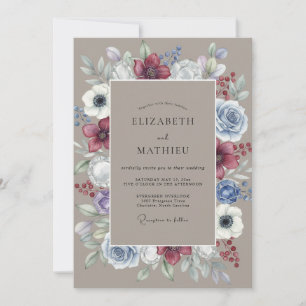 Convites Arranjo Floral Azul Borgonha Casamento