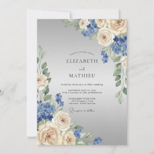 Convites Arranjo Floral Azul Creme para Casamento