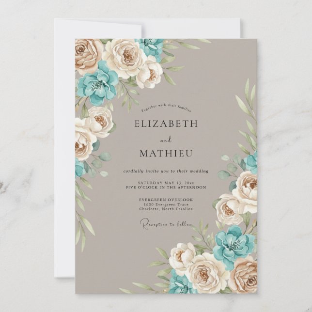 Convites Arranjo Floral Azul Taupe Casamento (Frente)