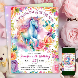 Convites Arranjo Floral de Arco-Íris de Unicórnio 5º Aniv
